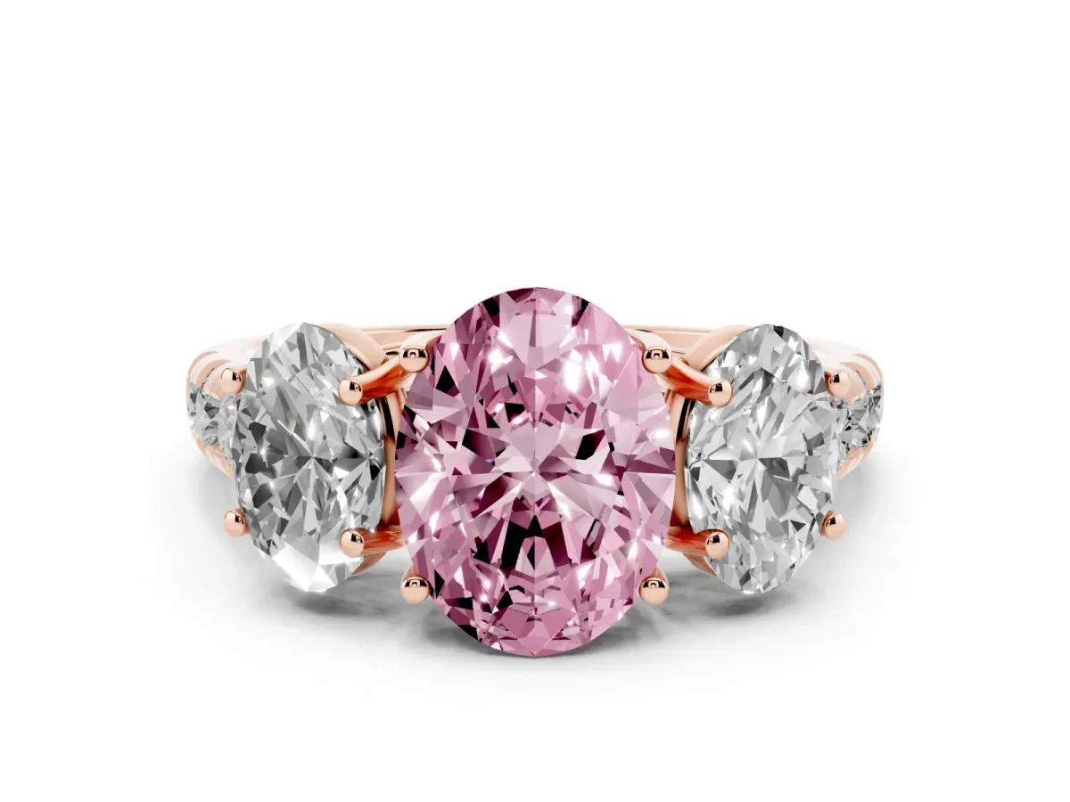 Fancy Pink Three-Stone Oval Cut Diamond Pavé Band with Prong Setting Rose gold