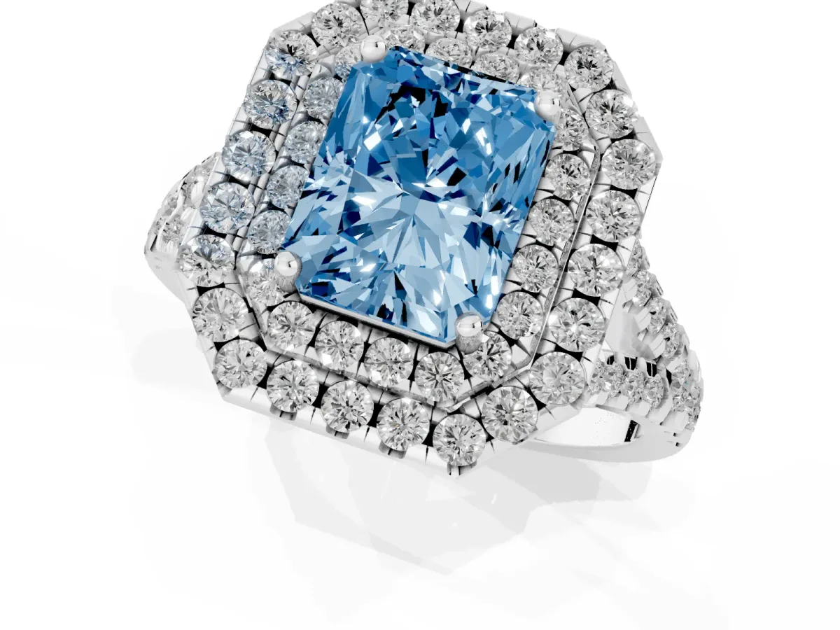 Fancy Blue Double Halo Radiant Cut Diamond Pavé Split Shank Ring with Prong Setting Platinum