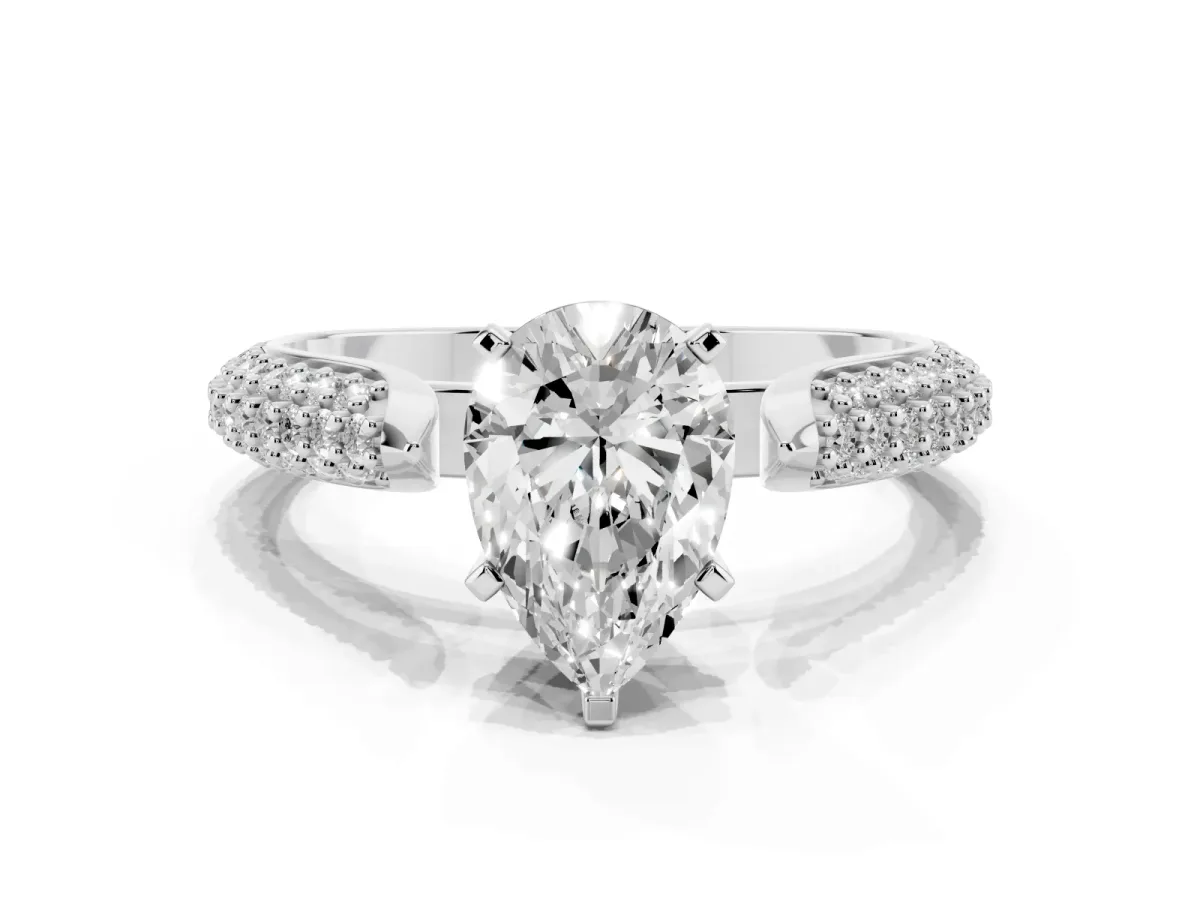 Pear Cut Diamond Solitaire Engagement Ring with Multi-Row Round Pavé Band and Prong Setting Platinum