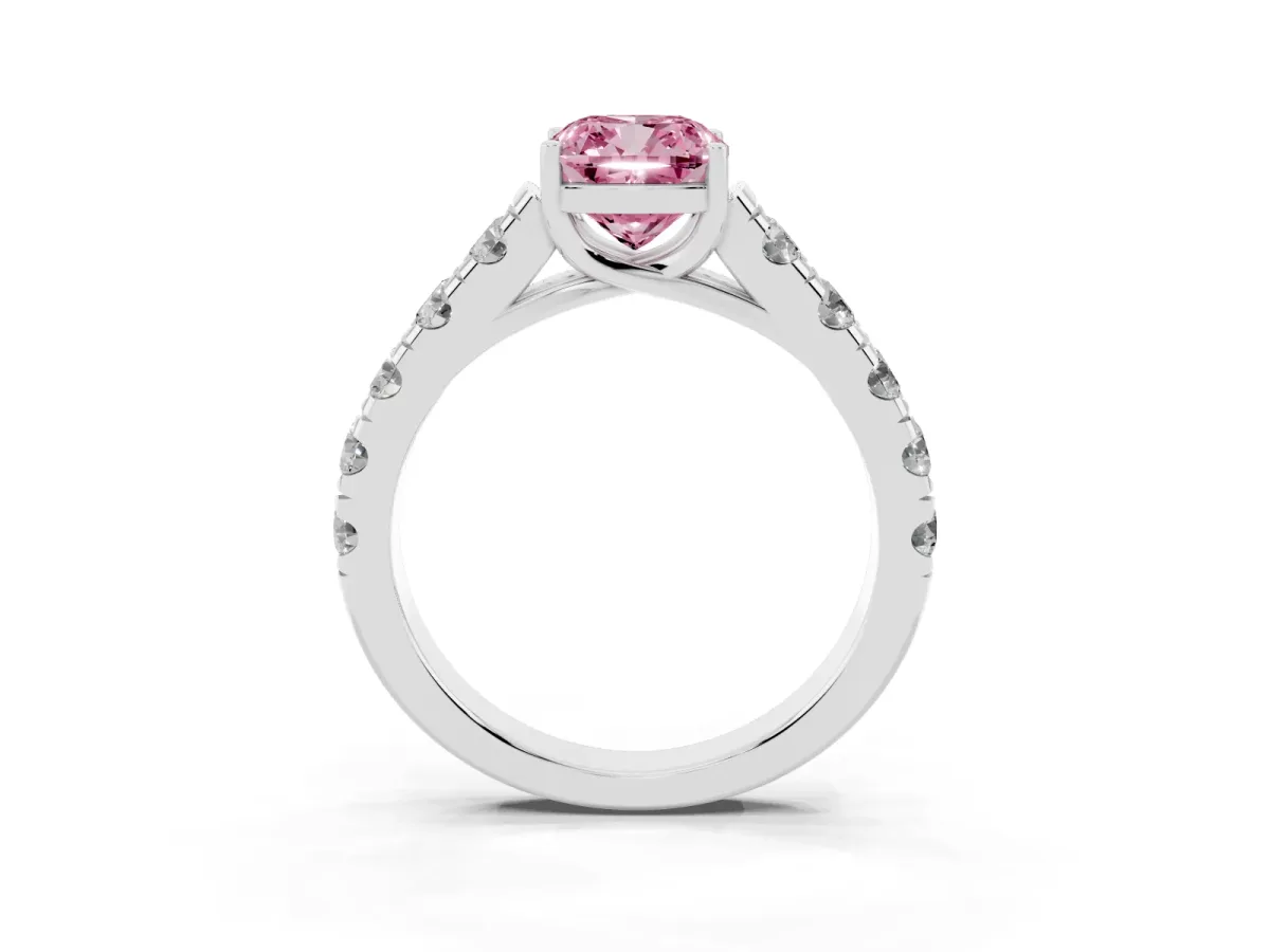Fancy Pink Cushion Cut Cut Diamond Solitaire Ring with Micro Pave Band and Prong Setting Silver