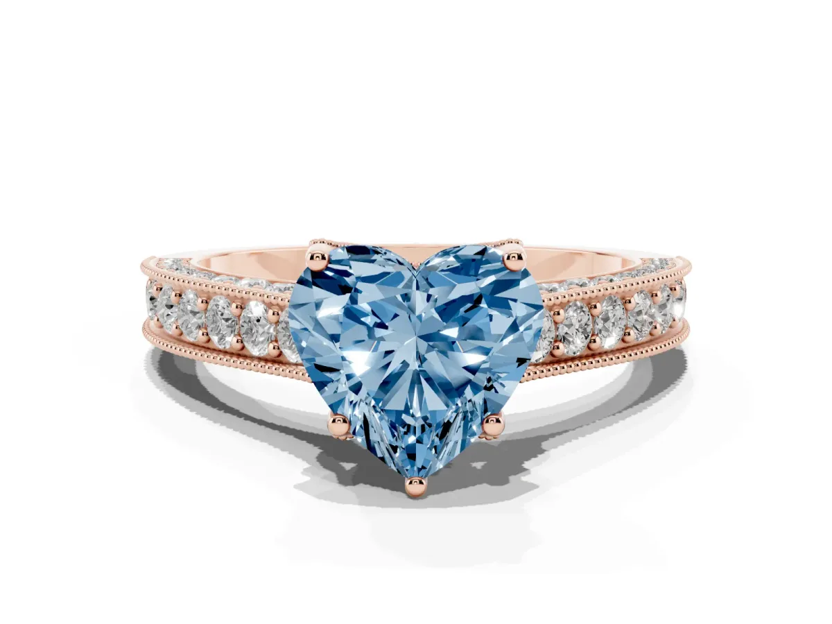 Fancy Blue Heart Cut Cut Diamond Solitaire Ring with Milgrain Pave Band and Four Prong Setting Rose gold