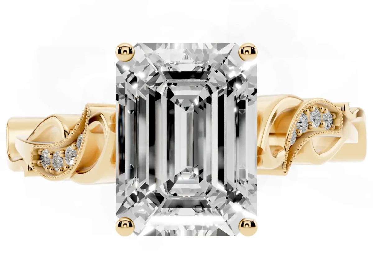 Emerald Cut Solitaire Vine Band with Milgrain Prong Setting Yellow gold