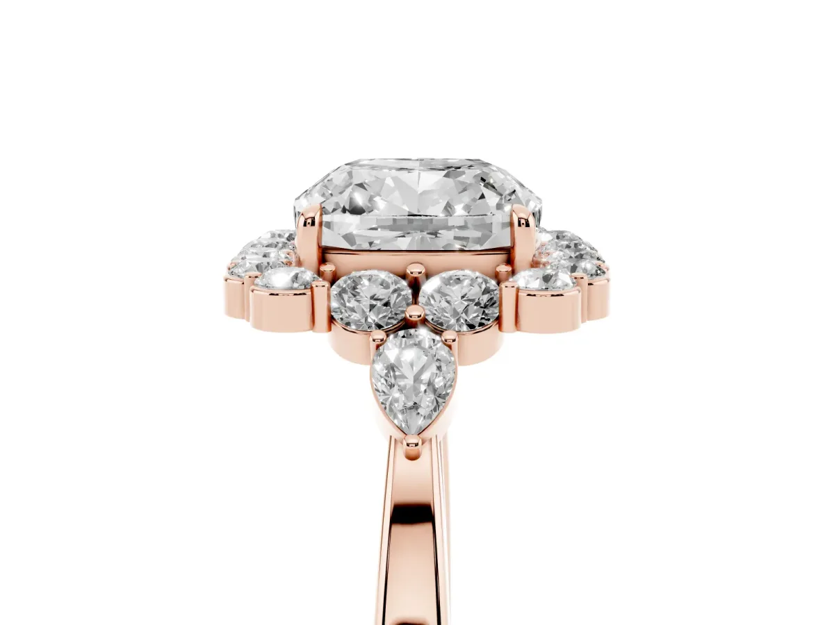 Cushion Cut Diamond Halo Ring with Pear Side Stones and Prong Setting Rose gold