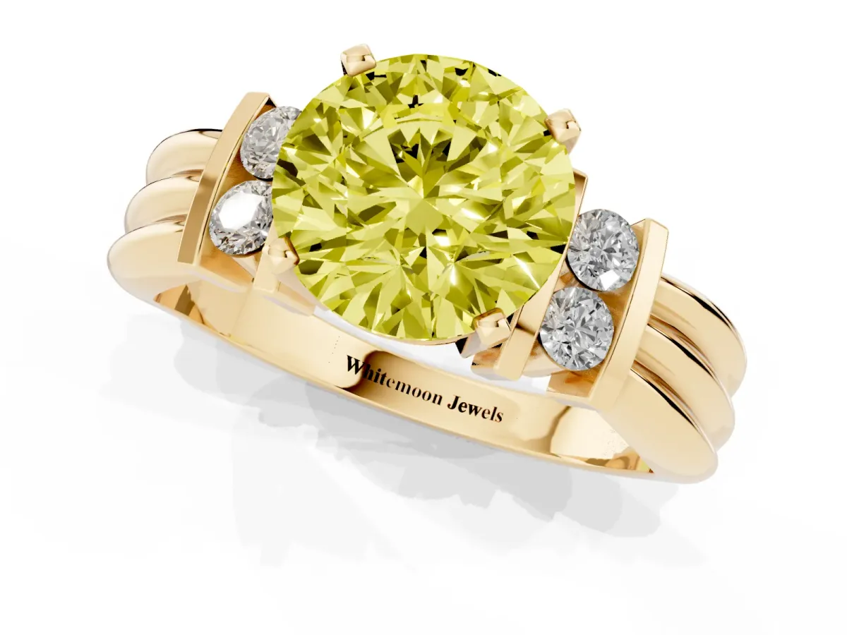 Fancy Yellow Round Cut Cut Three-Stone Channel Set Ring with Bar Prongs Yellow gold