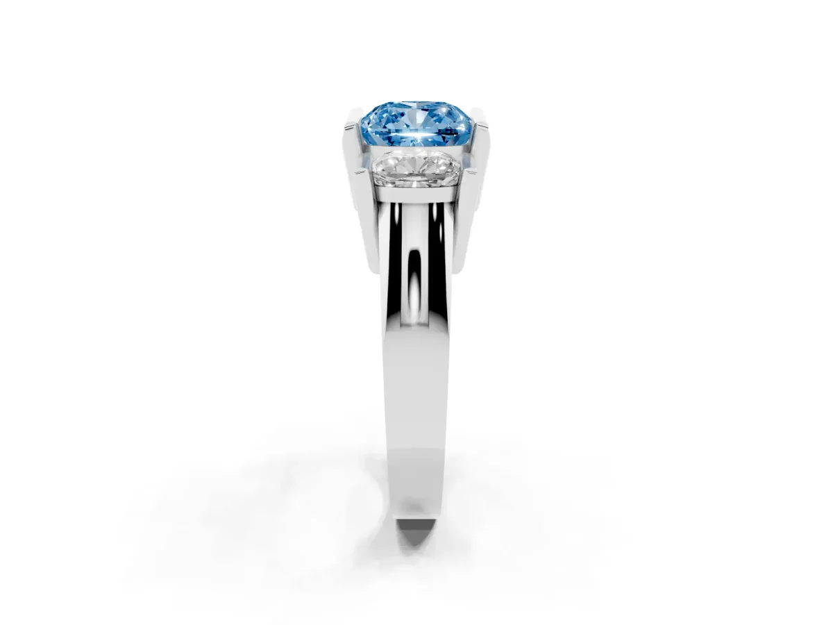 Fancy Blue Three Stone Cushion Cut Cut Channel Set Diamond Ring Silver