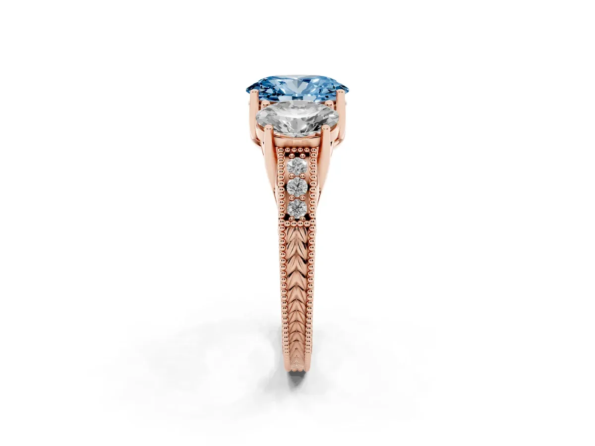 Fancy Blue Three-Stone Oval Cut Cut Milgrain Pavé Engagement Ring Rose gold