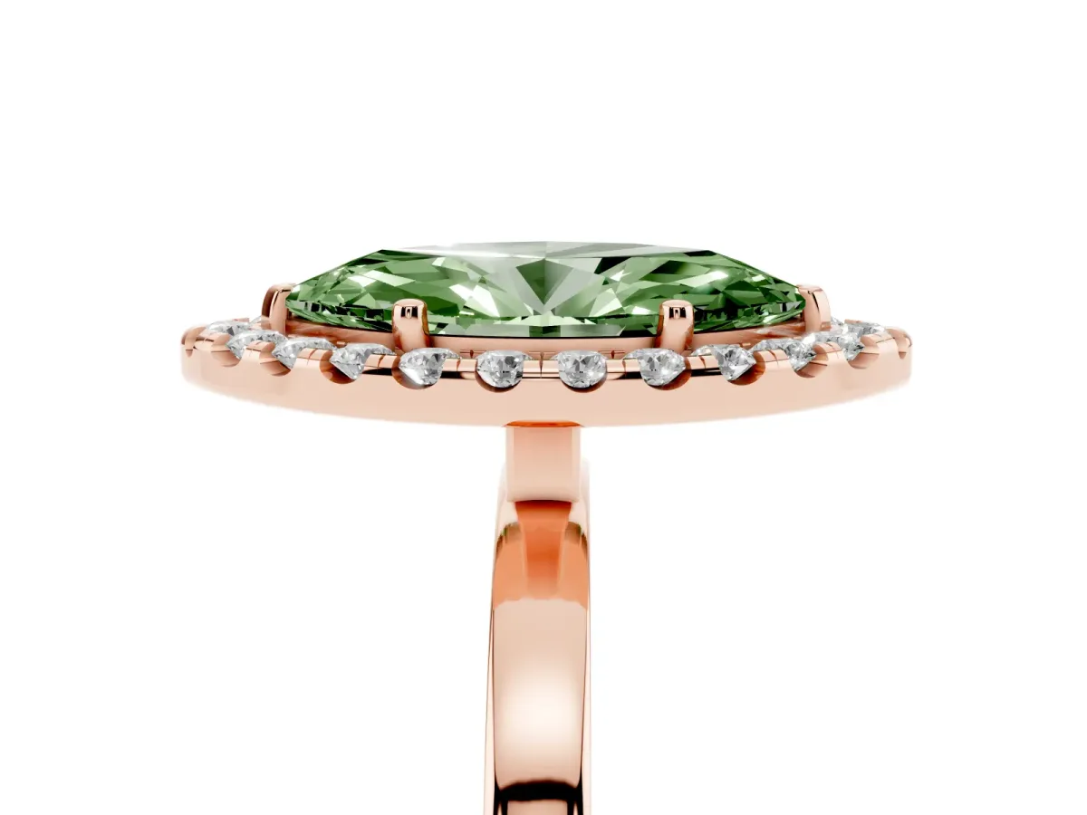 Fancy Green Marquise Cut Halo Diamond Solitaire with Pavé Band and Four-Prong Setting Rose gold