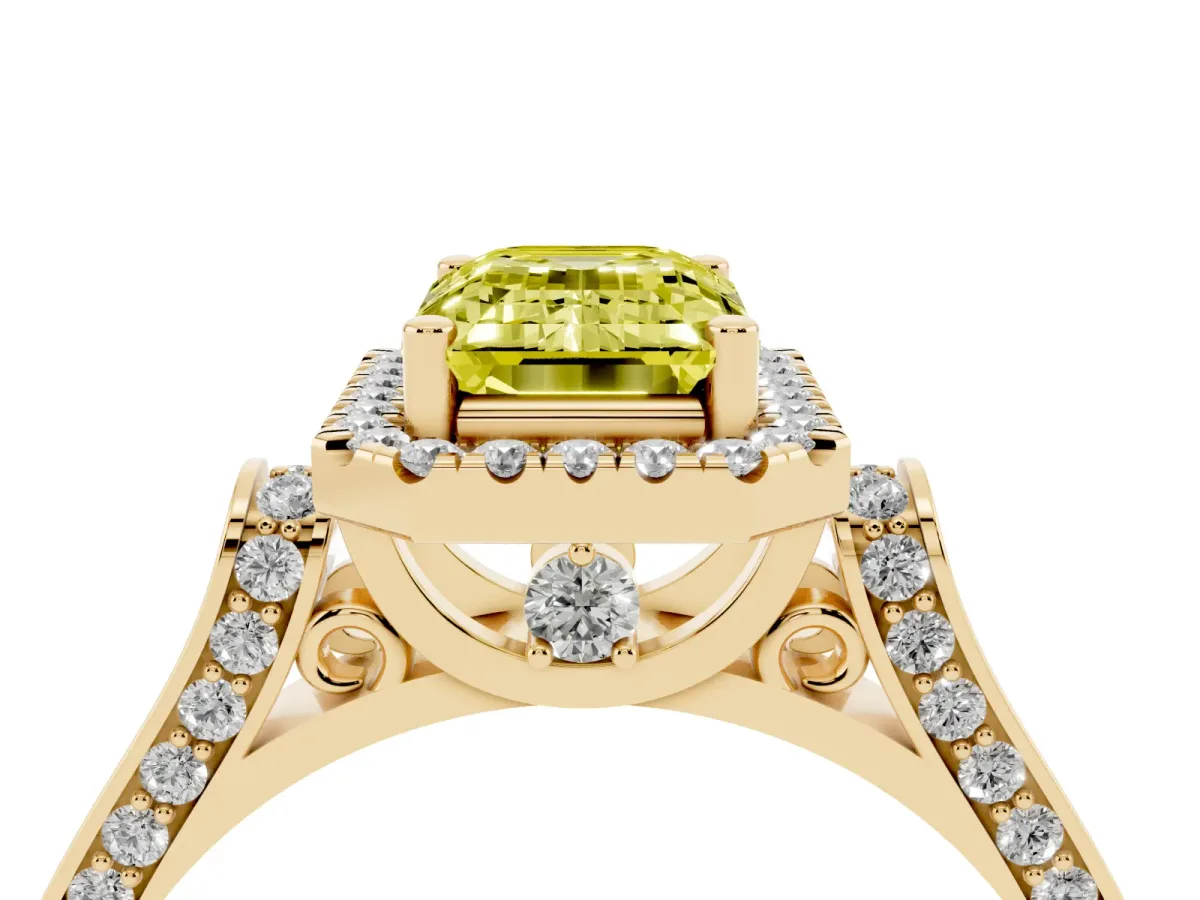 Fancy Yellow Emerald Cut Halo Pave Split Shank Prong Setting Ring Yellow gold