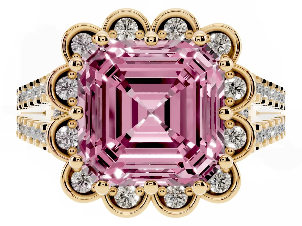 Fancy Pink Asscher Cut Halo Diamond Floral Split Shank Engagement Ring Yellow gold