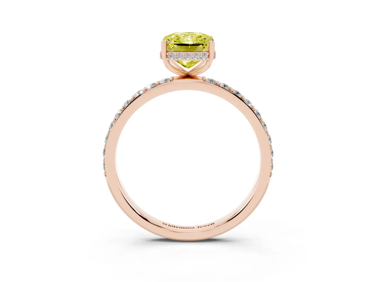 Fancy Yellow Radiant Cut Diamond Solitaire Ring with Pavé Band and Hidden Halo Rose gold