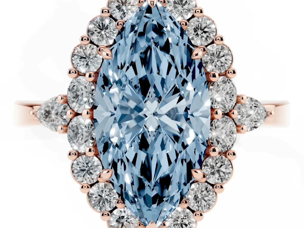 Fancy Blue Marquise Cut Diamond Halo Ring with Pear Side Stones and Prong Setting Rose gold