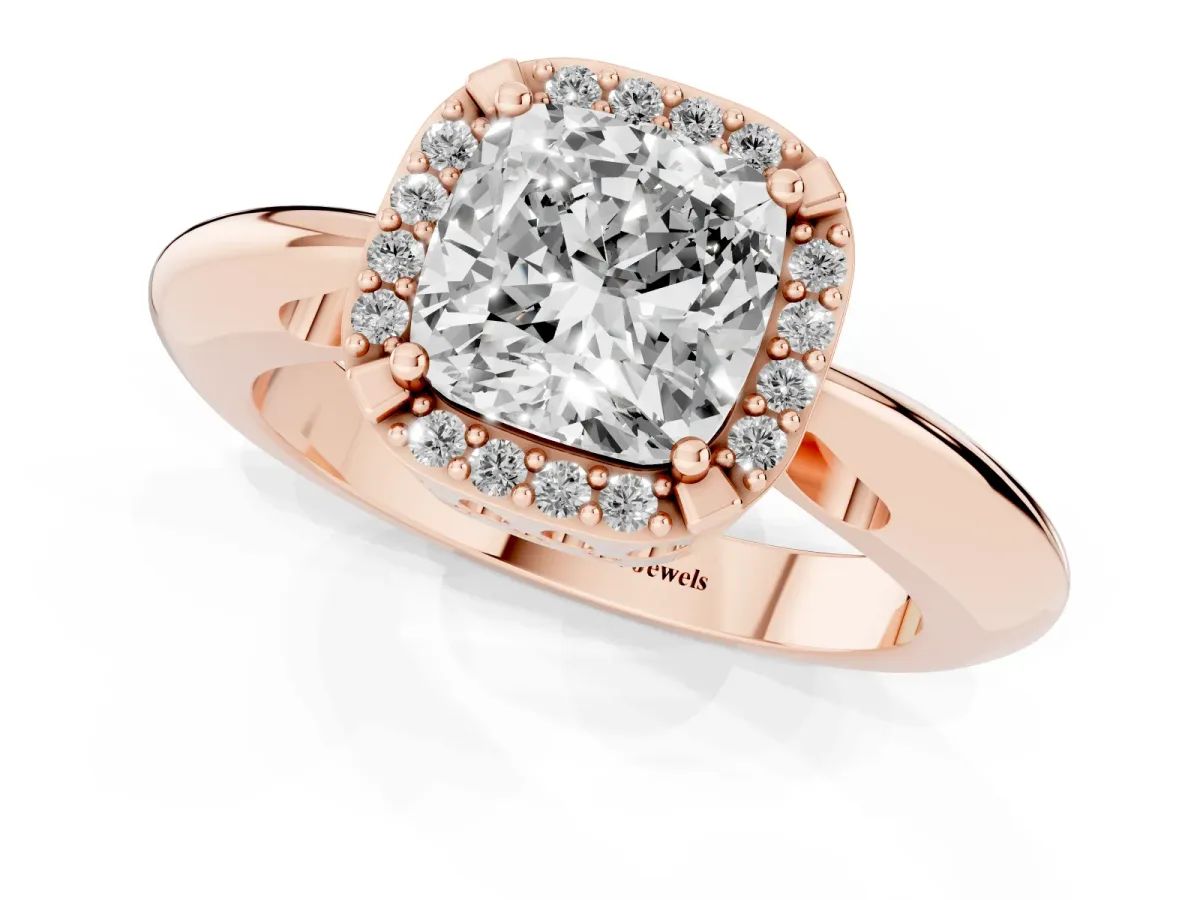 Cushion Cut Cut Diamond Halo Engagement Ring with Split Shank and Four-Prong Setting Rose gold