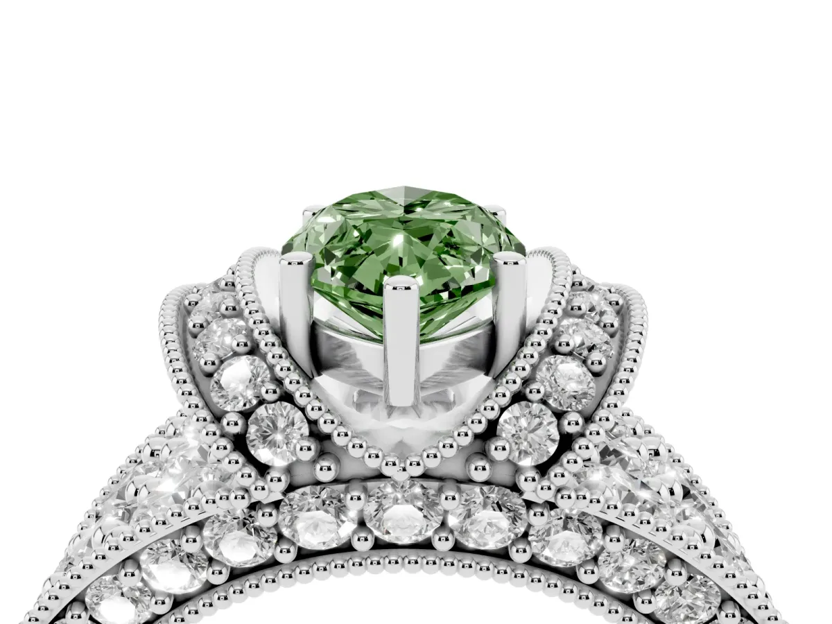 Fancy Green Marquise Cut Halo Pave Diamond Engagement Ring with Milgrain Detailing Silver