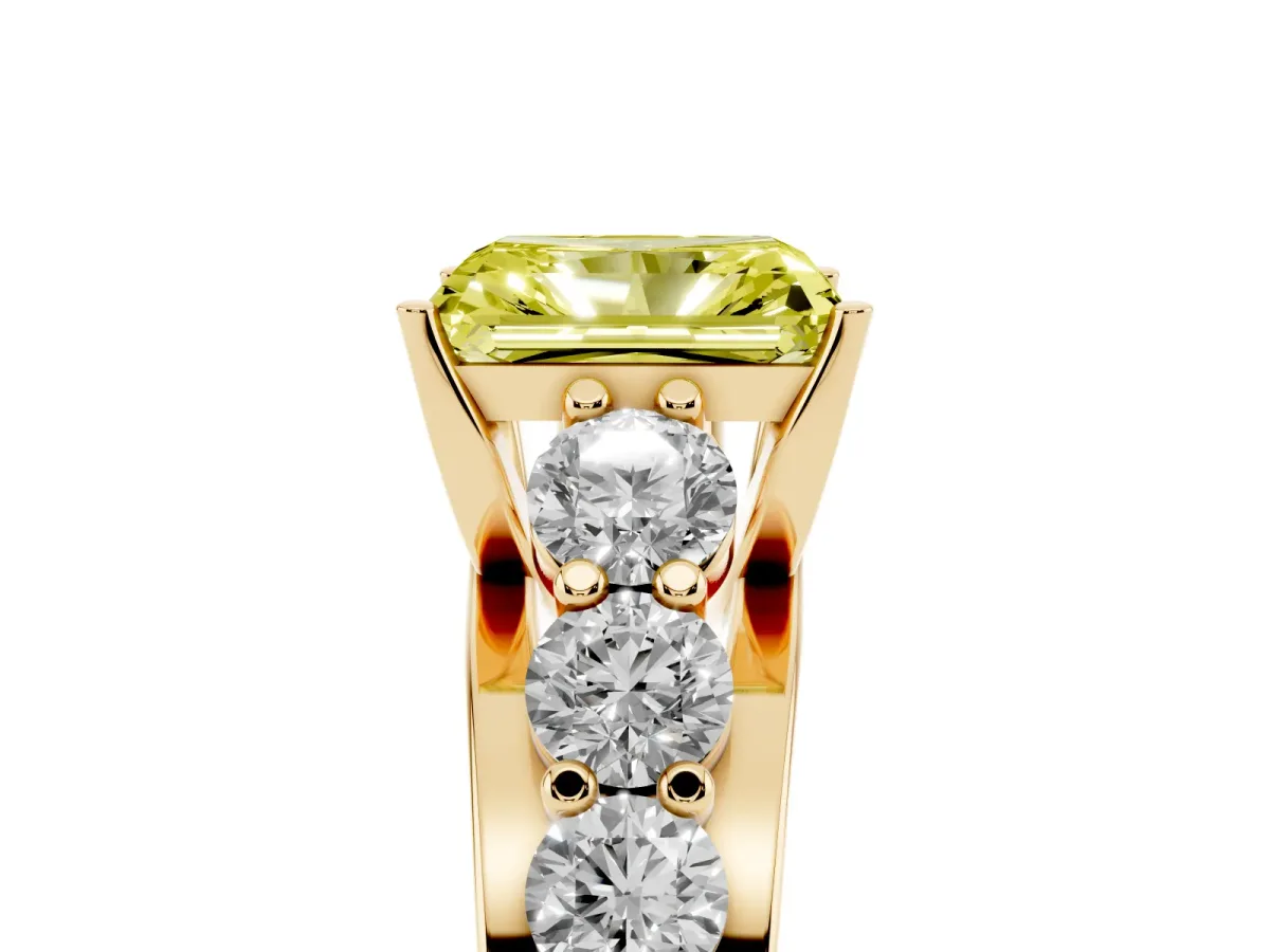 Fancy Yellow Radiant Cut Diamond Engagement Ring with Pavé Band and Four-Prong Setting Yellow gold