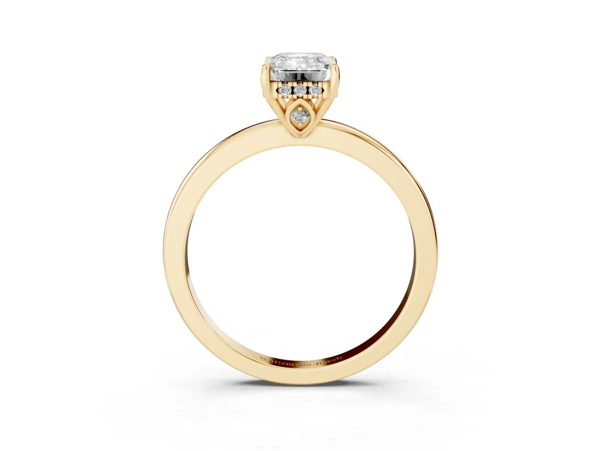 Emerald Cut Solitaire Diamond Ring with Prong Setting and Plain Band Yellow gold