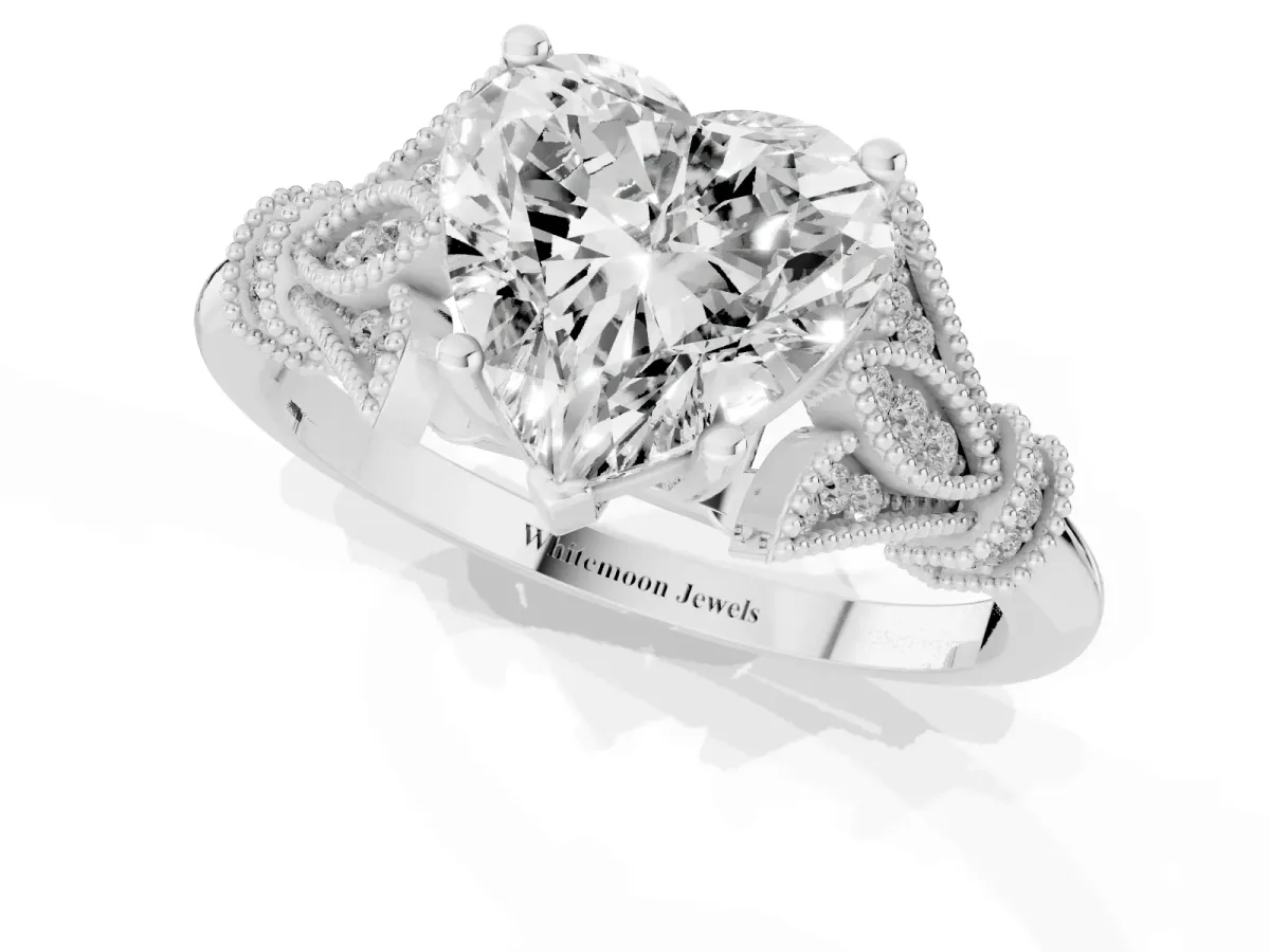 Heart Cut Diamond Solitaire Ring with Floral Filigree and Pave Accents White gold