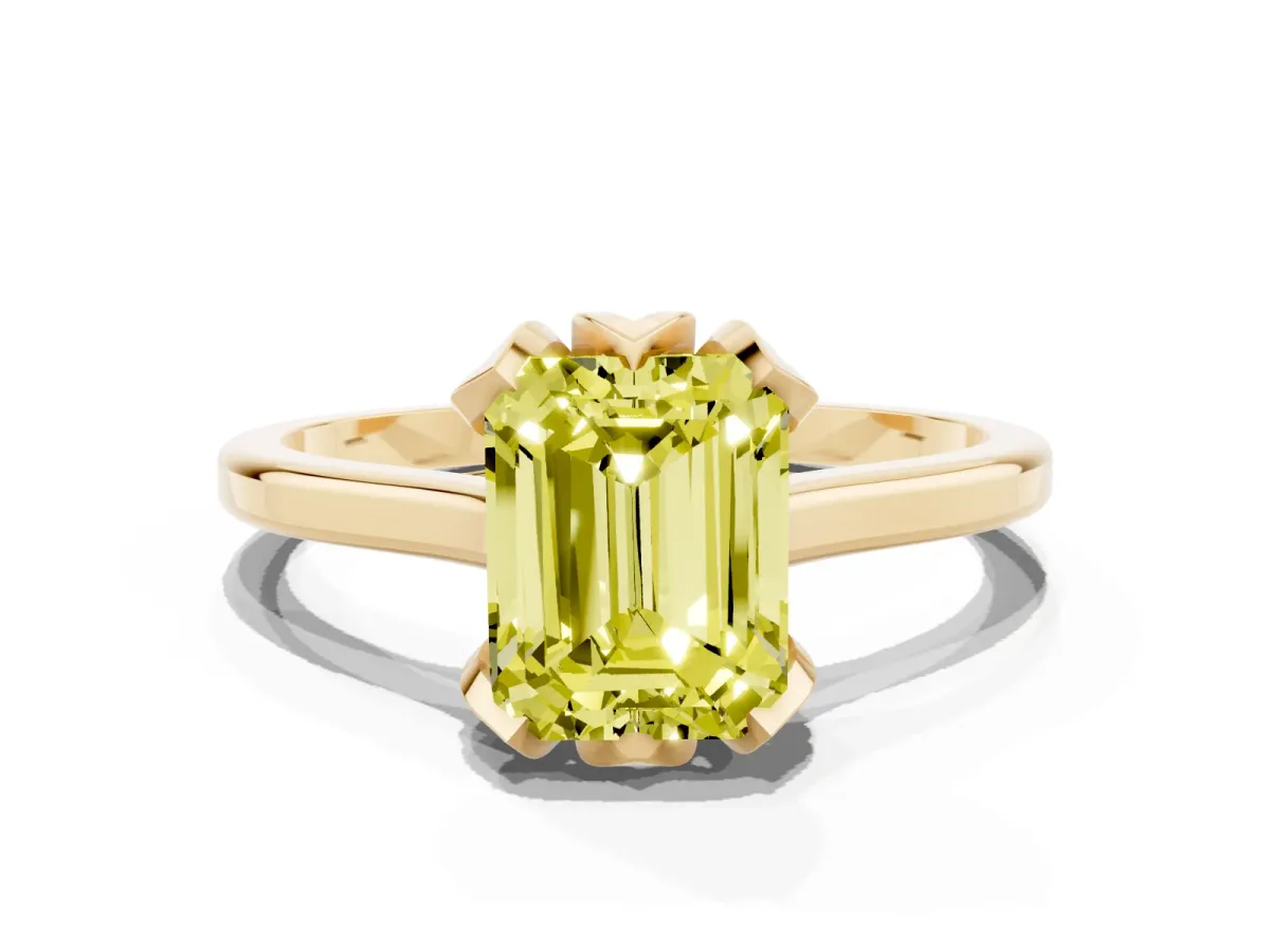 Fancy Yellow Emerald Cut Diamond Solitaire Ring with Flower Prong Setting and Classic Band Yellow gold