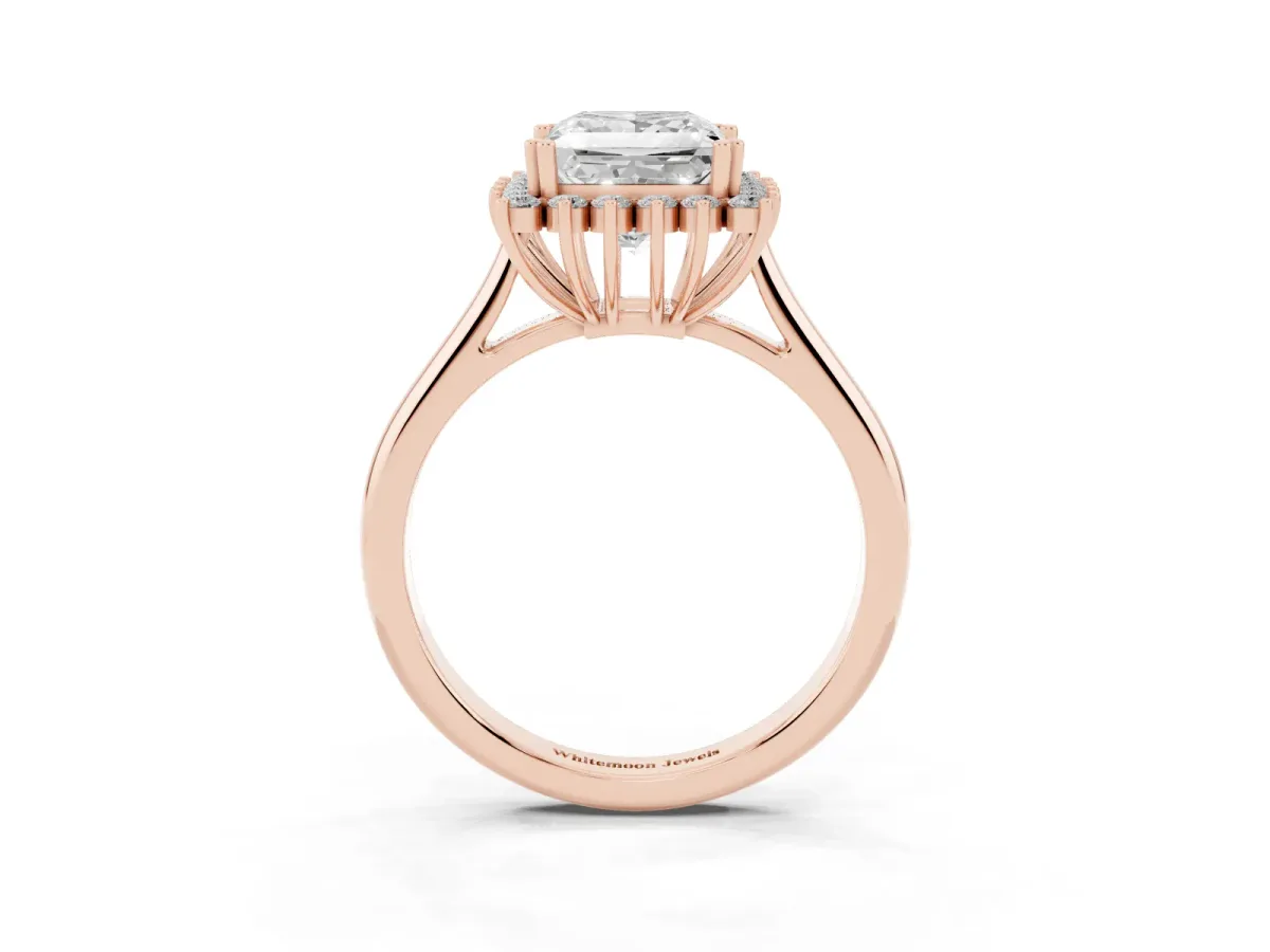 Princess Cut Cut Diamond Halo Ring with Solitaire Band and Prong Setting Rose gold