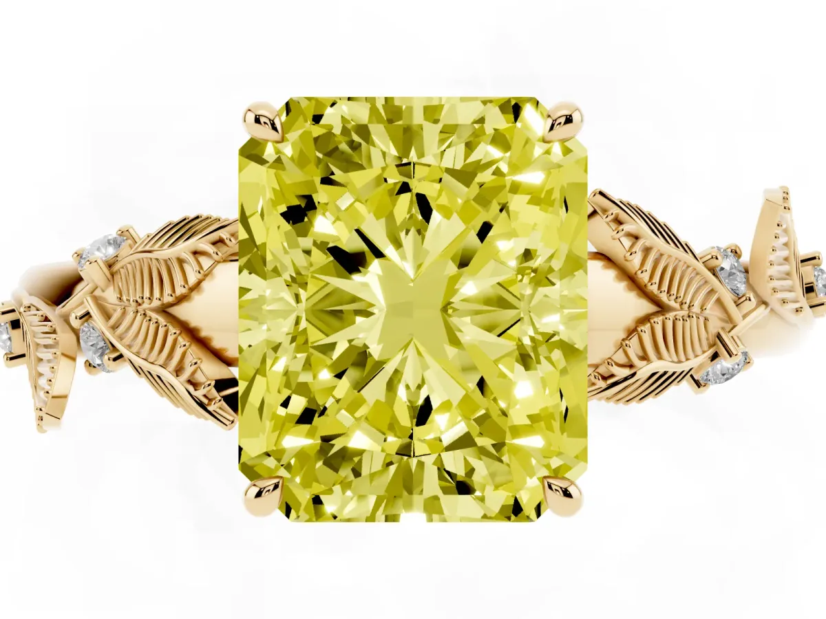 Fancy Yellow Radiant Cut Diamond Solitaire Ring with Leaf Motif Band and Four-Prong Setting Yellow gold