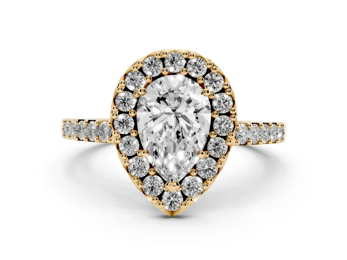 Pear Cut Halo Diamond Pavé Solitaire Ring Yellow gold