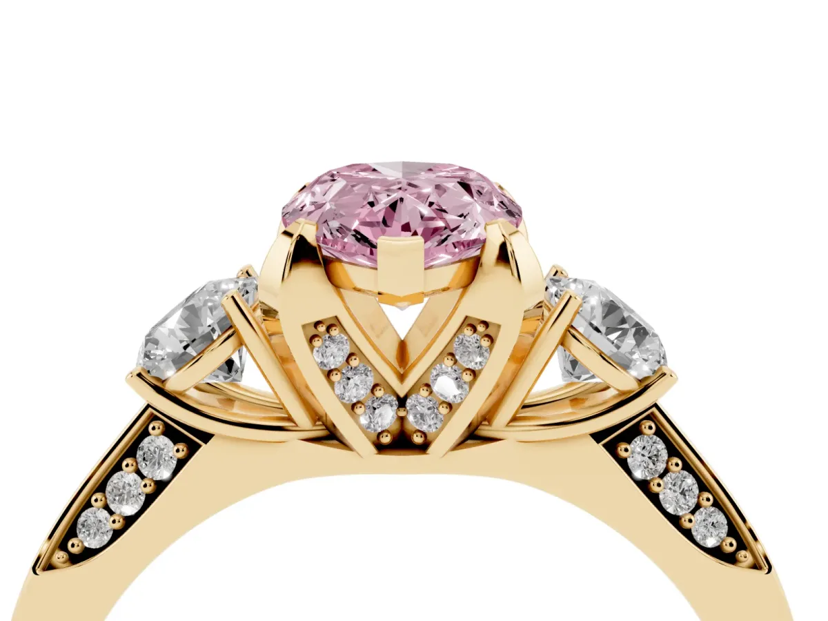 Fancy Pink Pear Cut Brilliant Three-Stone Diamond Ring with Pavé Band and Four-Prong Setting Yellow gold