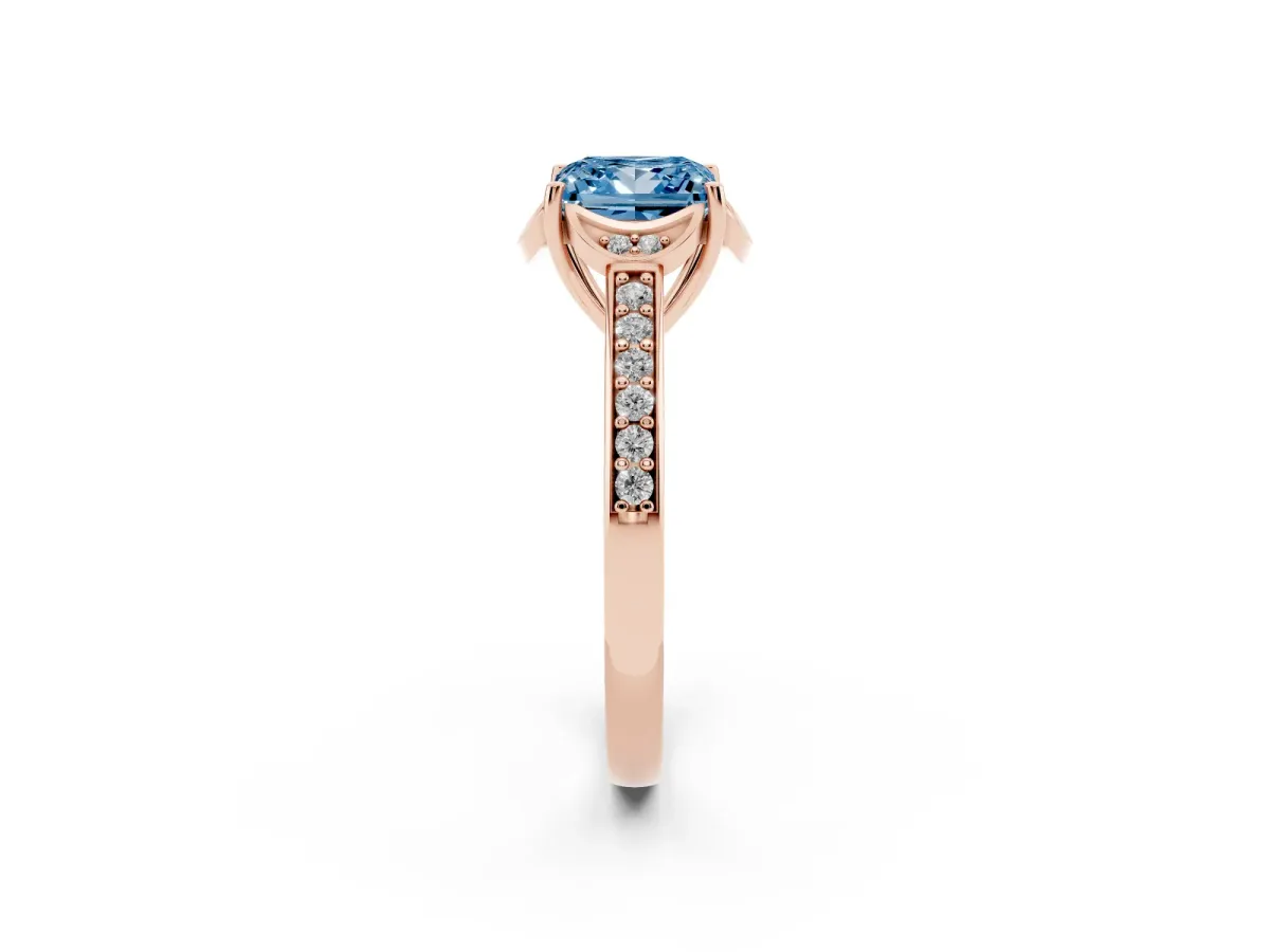 Fancy Blue Princess Cut Cut Halo Diamond Ring with Channel Set Band and Four-Prong Setting Rose gold