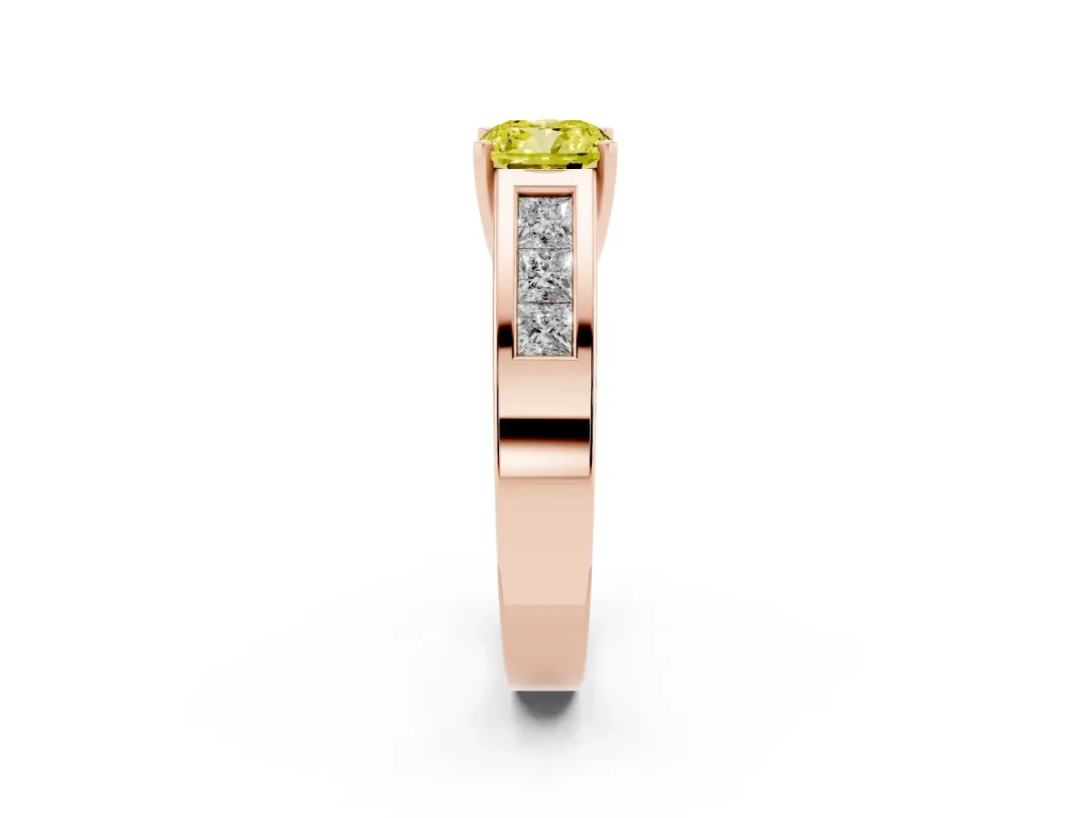 Fancy Yellow Cushion Cut Cut Channel Set Solitaire Ring with Four-Prong Setting Rose gold