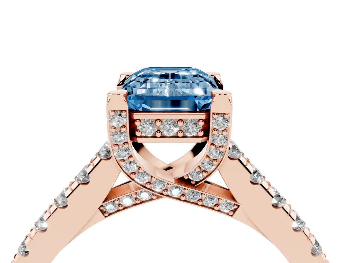 Fancy Blue Emerald Cut Brilliant Diamond Solitaire with Pavé Band and Four-Prong Setting Rose gold
