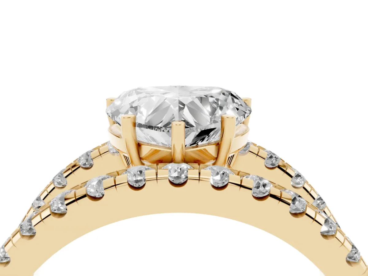 Heart Cut Solitaire Split Shank Pave Diamond Ring Yellow gold