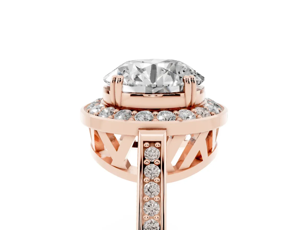 Round Cut Diamond Halo Ring with Split Shank and Four-Prong Setting Rose gold