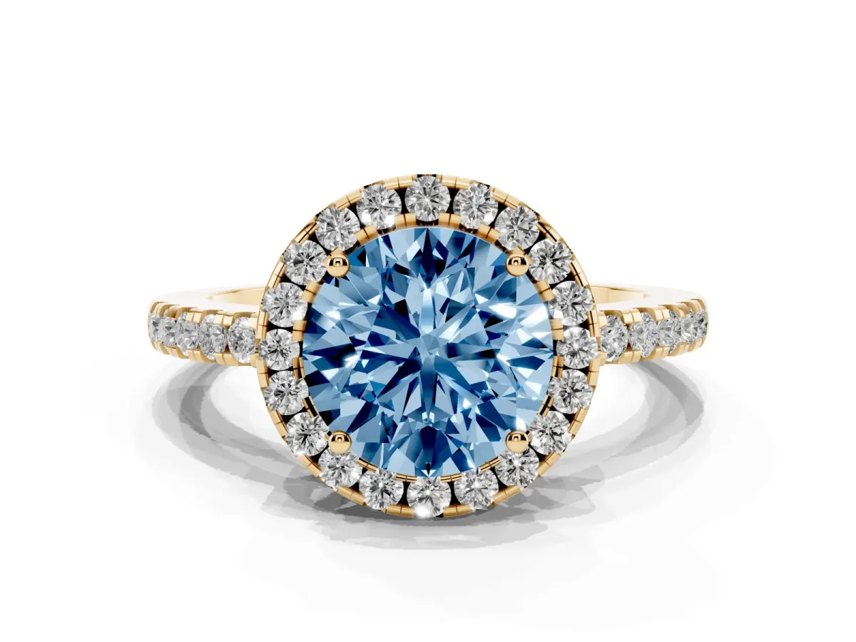 Fancy Blue Round Cut Halo Diamond Engagement Ring with Pavé Band and Four-Prong Setting Yellow gold