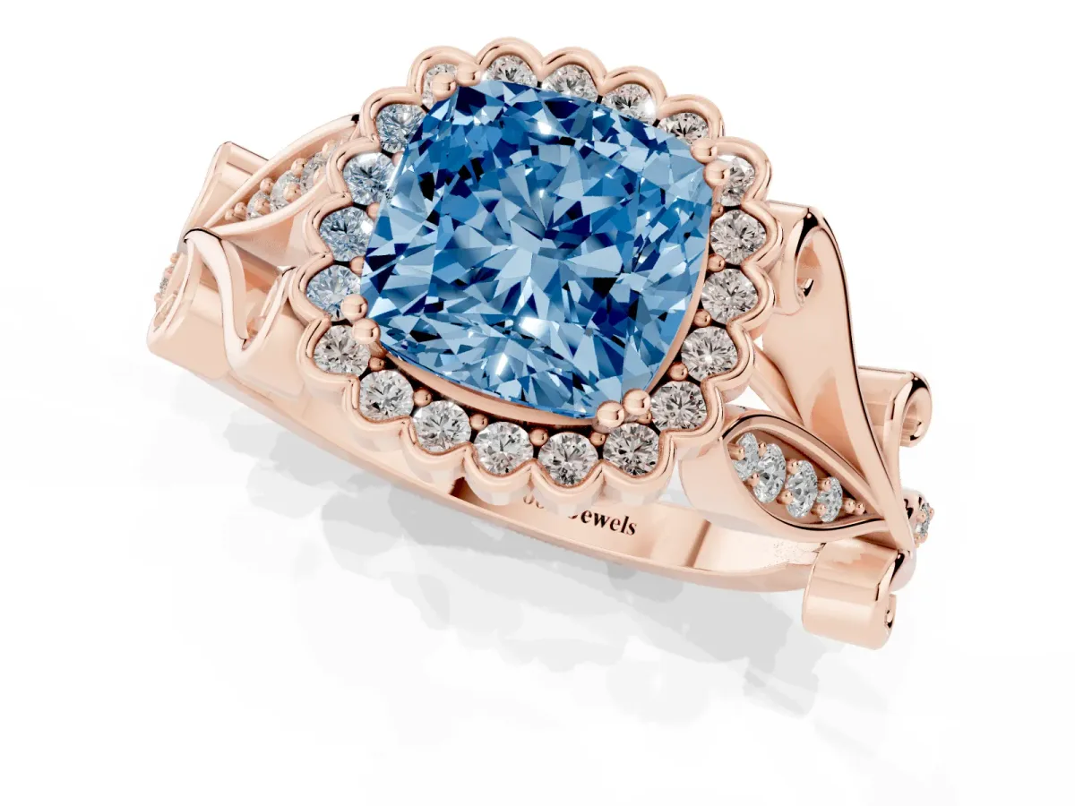Fancy Blue Cushion Cut Diamond Halo Ring with Vintage Split Shank and Four-Prong Setting Rose gold
