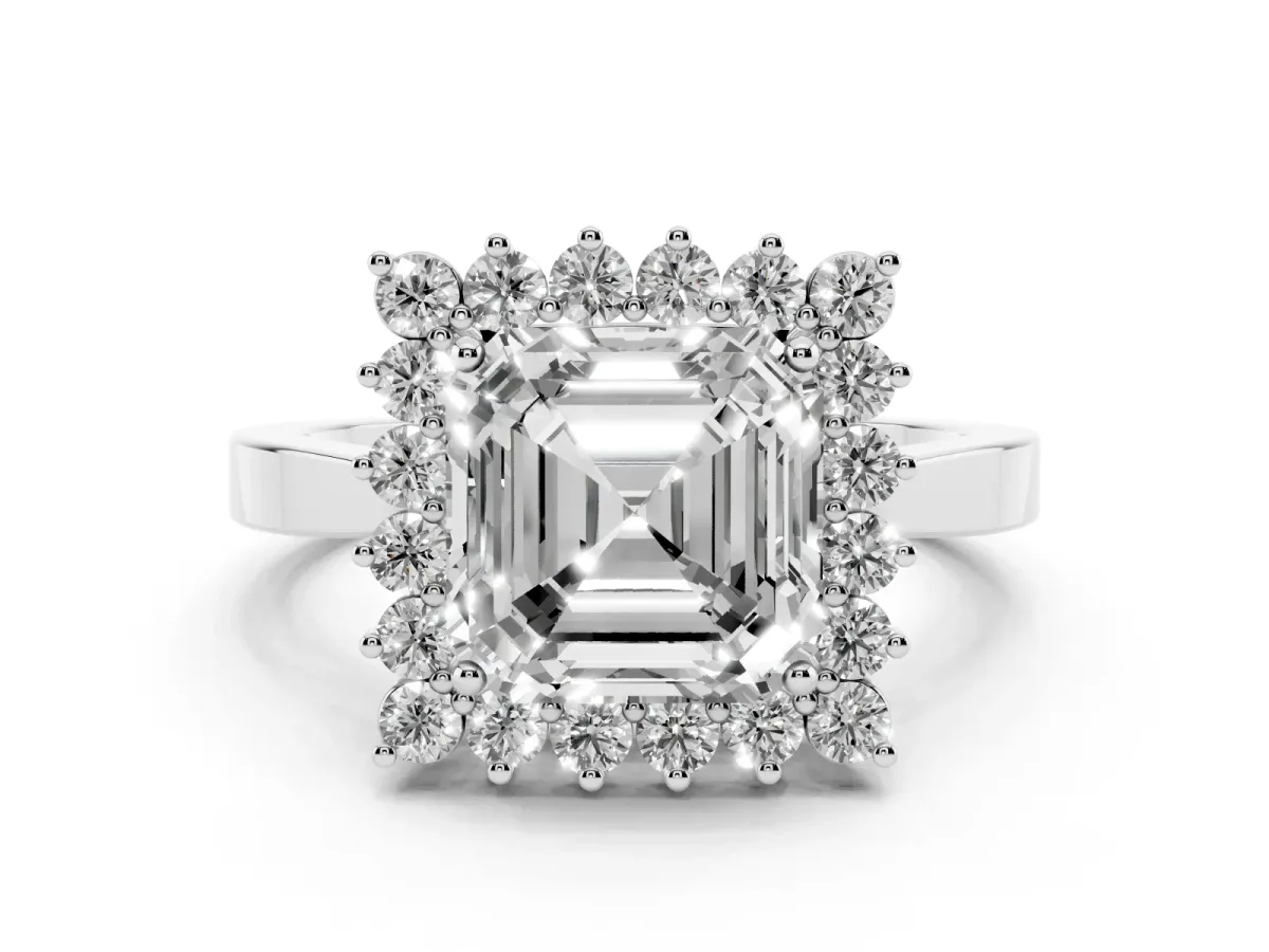 Asscher Cut Cut Diamond Halo Ring with Round Brilliant Halo and Solitaire Band White gold