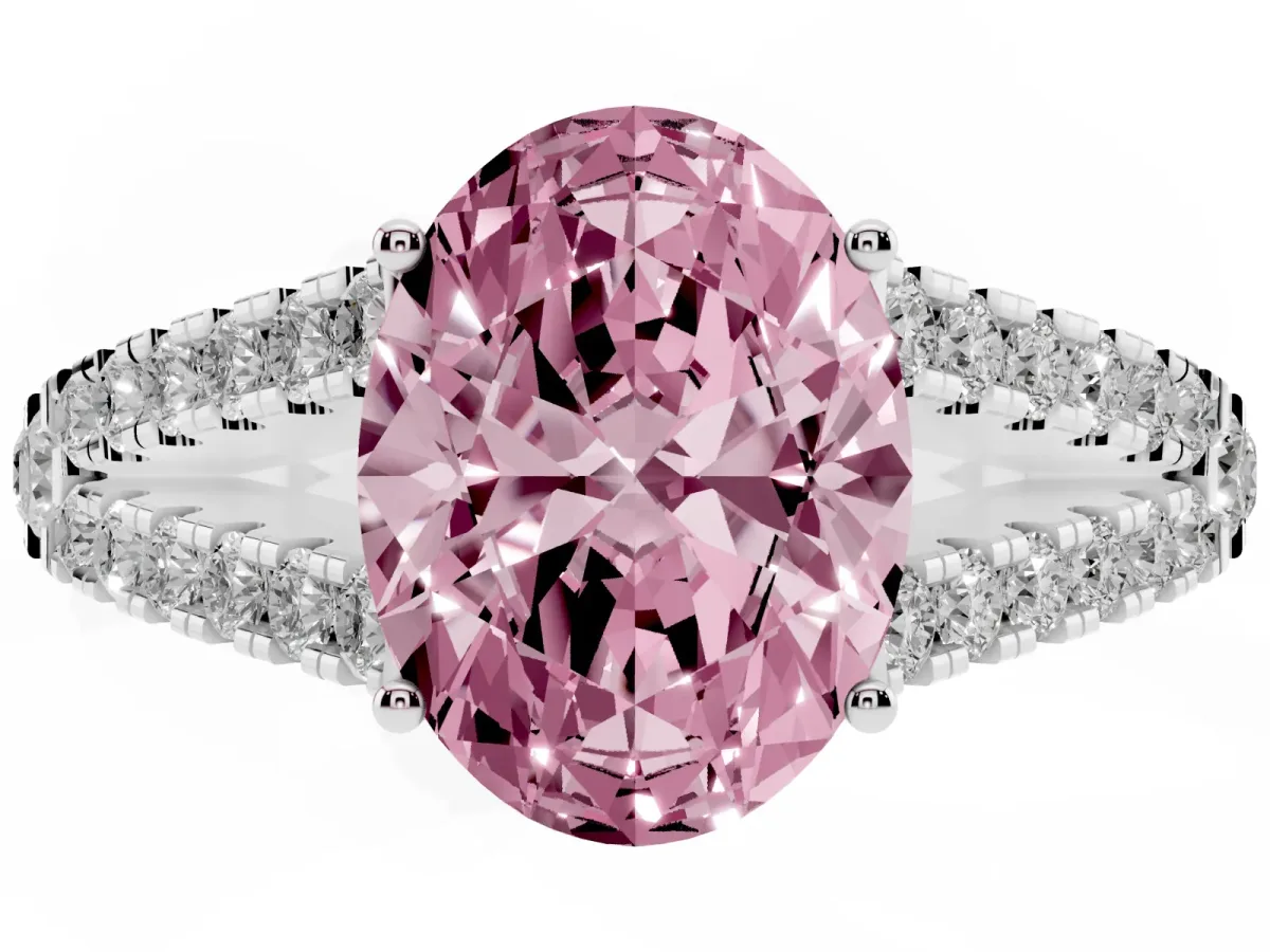Fancy Pink Oval Cut Diamond Split Shank Pavé Engagement Ring with Four-Prong Setting White gold