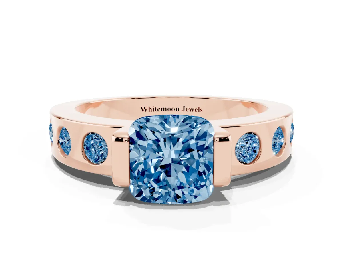 Fancy Blue Cushion Cut Brilliant Channel-Set Diamond Ring with Bezel Prong Setting Rose gold