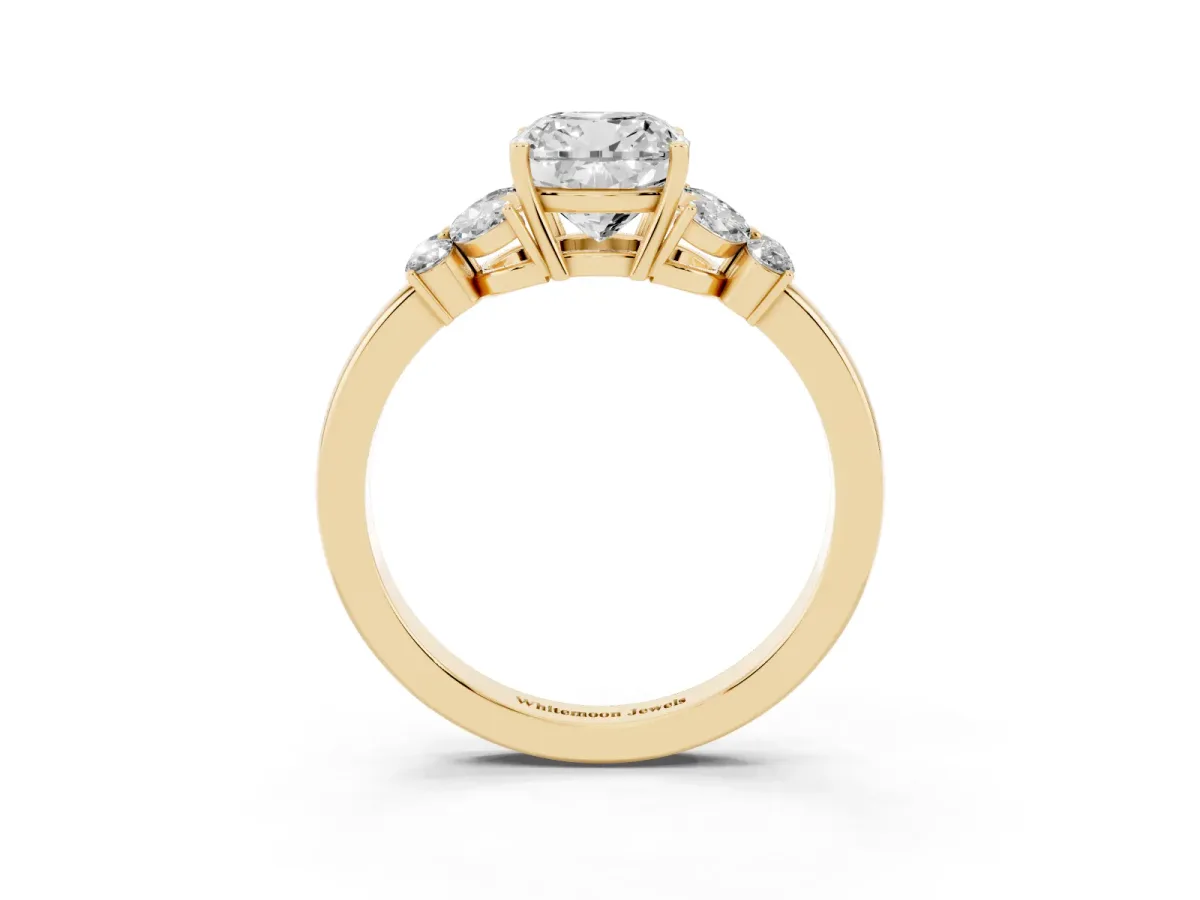 Cushion Cut Cut Solitaire Floral Diamond Ring with Four-Prong Setting Yellow gold
