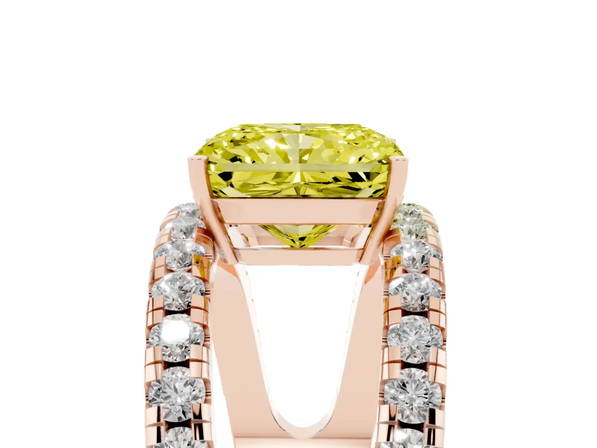 Fancy Yellow Radiant Cut Solitaire Split Shank Pave Diamond Ring Rose gold
