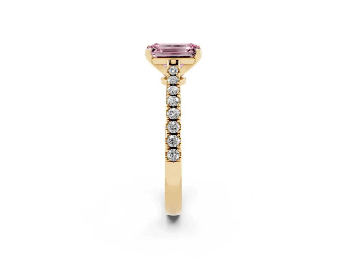 Fancy Pink Emerald Cut Cut Solitaire Diamond Engagement Ring with Pave Band and Four-Prong Setting Yellow gold