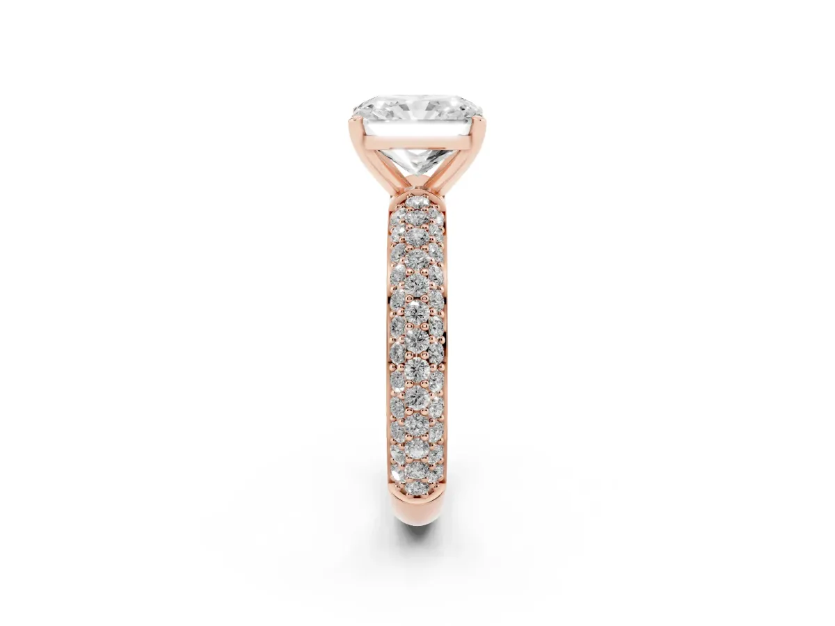 Radiant Cut Diamond Solitaire Ring with Prong Setting and Pavé Band Rose gold