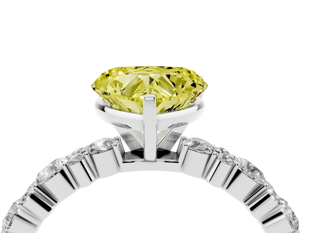 Fancy Yellow Heart Cut Diamond Side Stone Solitaire Ring with Round and Four-Prong Setting Silver