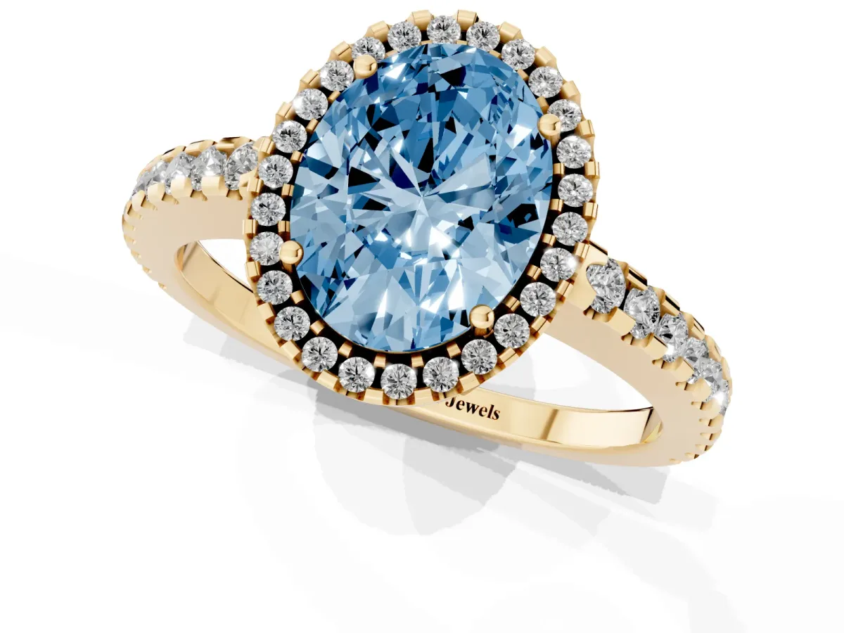Fancy Blue Oval Cut Diamond Halo Engagement Ring with Pavé Band and Prong Setting Yellow gold