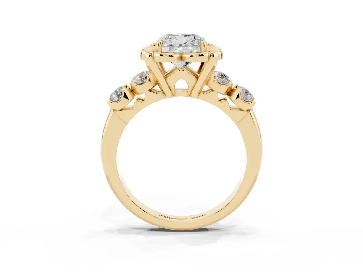 Cushion Cut Cut Diamond Floral Halo Engagement Ring with Shared Prong Setting Yellow gold