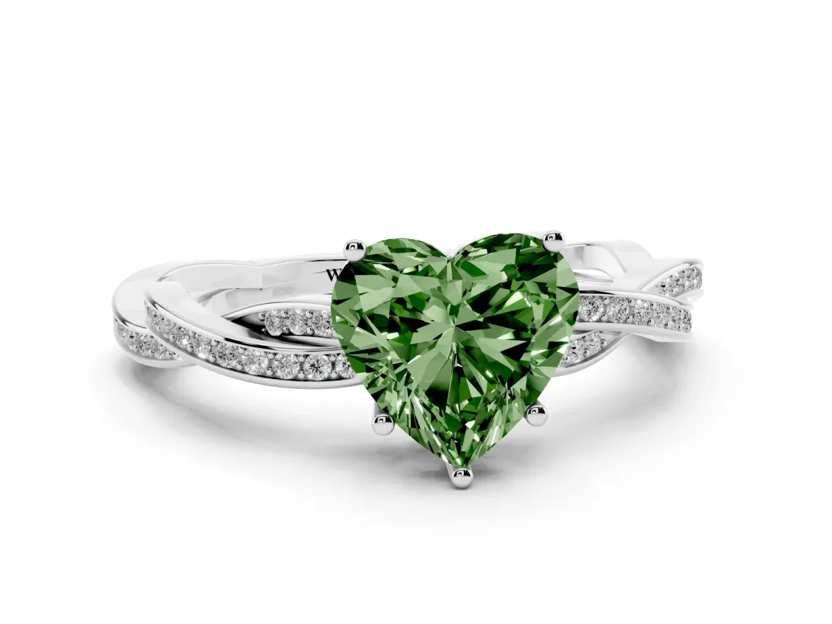 Fancy Green Heart Cut Solitaire Twisted Pave Diamond Ring with Four-Prong Setting White gold