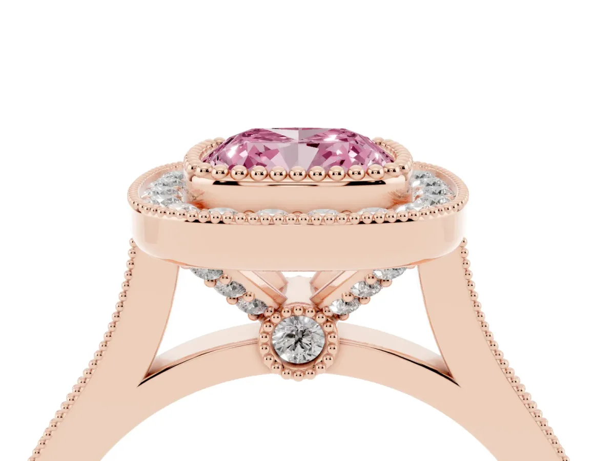 Fancy Pink Cushion Cut Diamond Halo Ring with Milgrain Frame and Pavé Band Rose gold