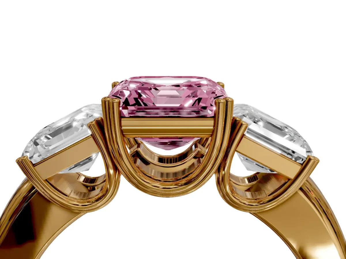 Fancy Pink Three-Stone Asscher Cut Cut Diamond Ring with Channel Set Band and Four-Prong Setting Yellow gold