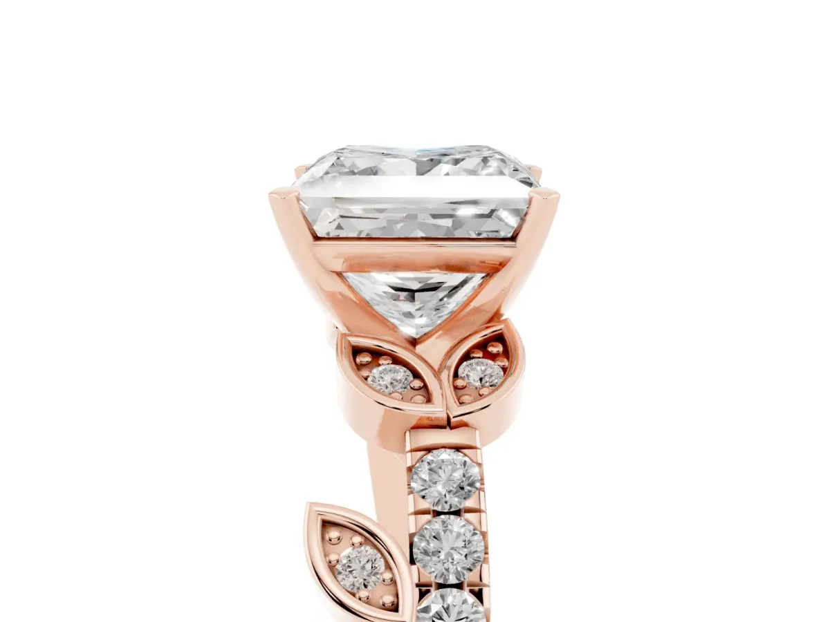Princess Cut Solitaire Leaf-Inspired Diamond Ring with Pavé Band and Four-Prong Setting Rose gold