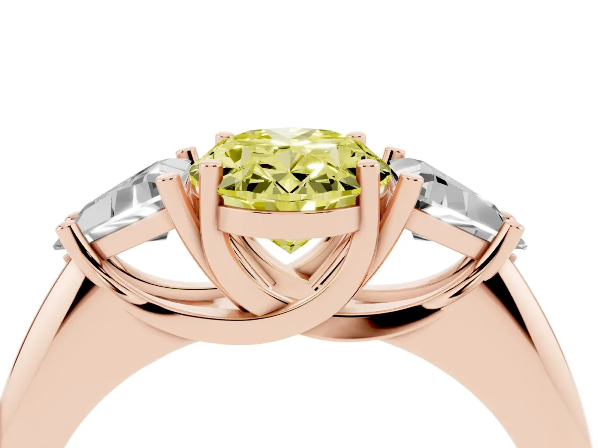 Fancy Yellow Three-Stone Oval Cut Diamond Engagement Ring with Trillion Side Stones and Prong Setting Rose gold