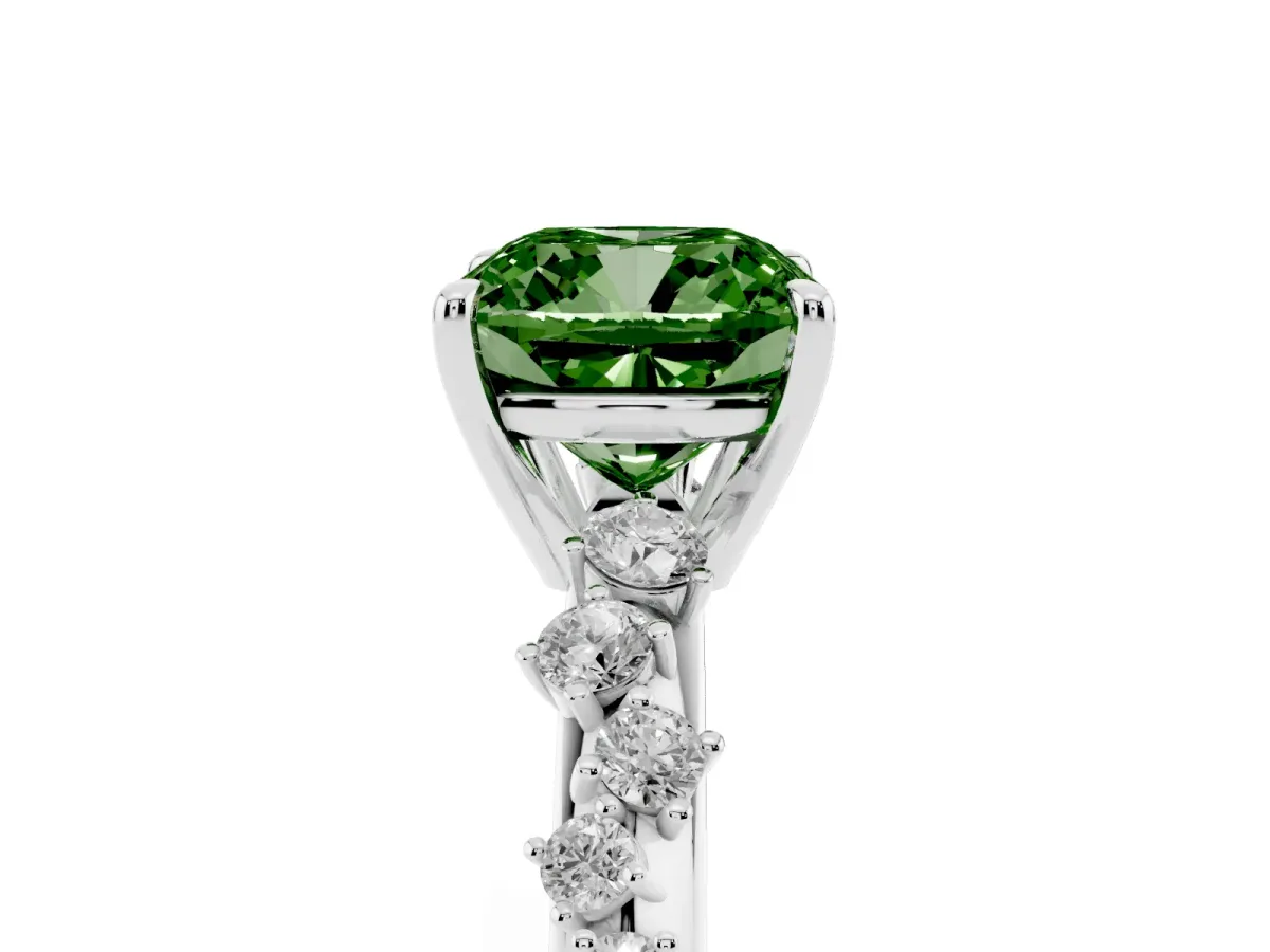 Fancy Green Cushion Cut Diamond Cluster Side Stone Solitaire Ring with Prong Setting Platinum