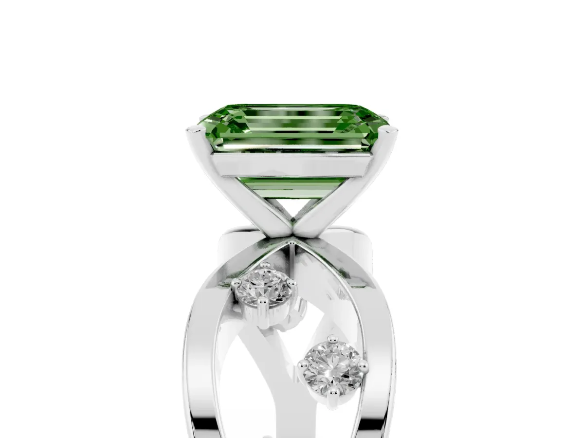 Fancy Green Emerald Cut Cut Solitaire Diamond with Side Stones on Criss-Cross Band and Four-Prong Setting Platinum