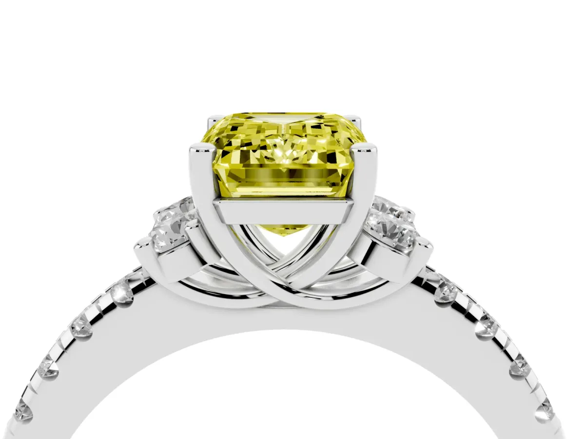 Fancy Yellow Emerald Cut Diamond Three-Stone Pave Band with Four-Prong Setting Platinum